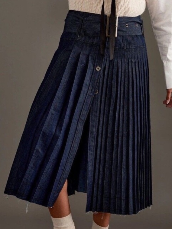 Anthropologie Pilcro Low Slung Pleated Midi Skirt Denim Dark Blue Belted Size 4